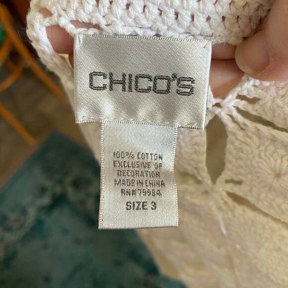 Chico’s Hand Crocheted White Cotton Cardigan Sweater Jacket Size 3 (XL) tie - Picture 8 of 9